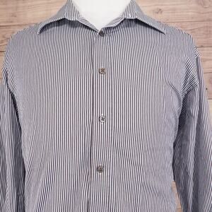 Bugatchi Uomo Shirt Mens 2XL Brown Blue Stripe Button Front Cotton Casual